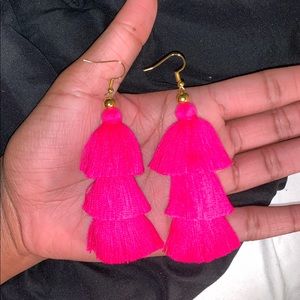 Hot Pink Three Tier Tassel Earrings
